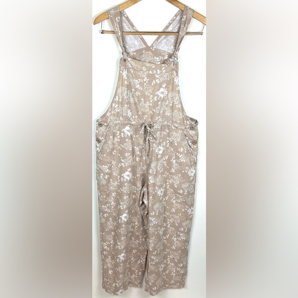 Vintage 90’s Neutral Floral Linen Blend Relaxed Jumpsuit Overalls - Picture 15 of 16